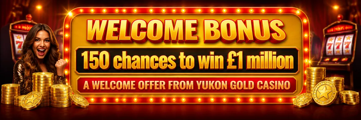 Glowing bulb-edged casino marquee with stacked coins and a spotlight, promoting the welcome offer.