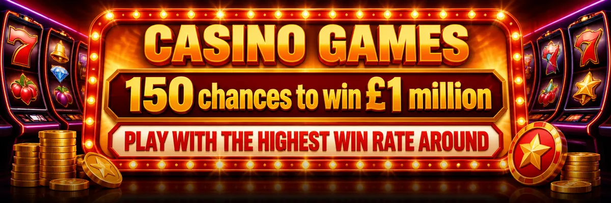 Bright casino signboard against a busy slot-screen backdrop, with glossy buttons and coins.